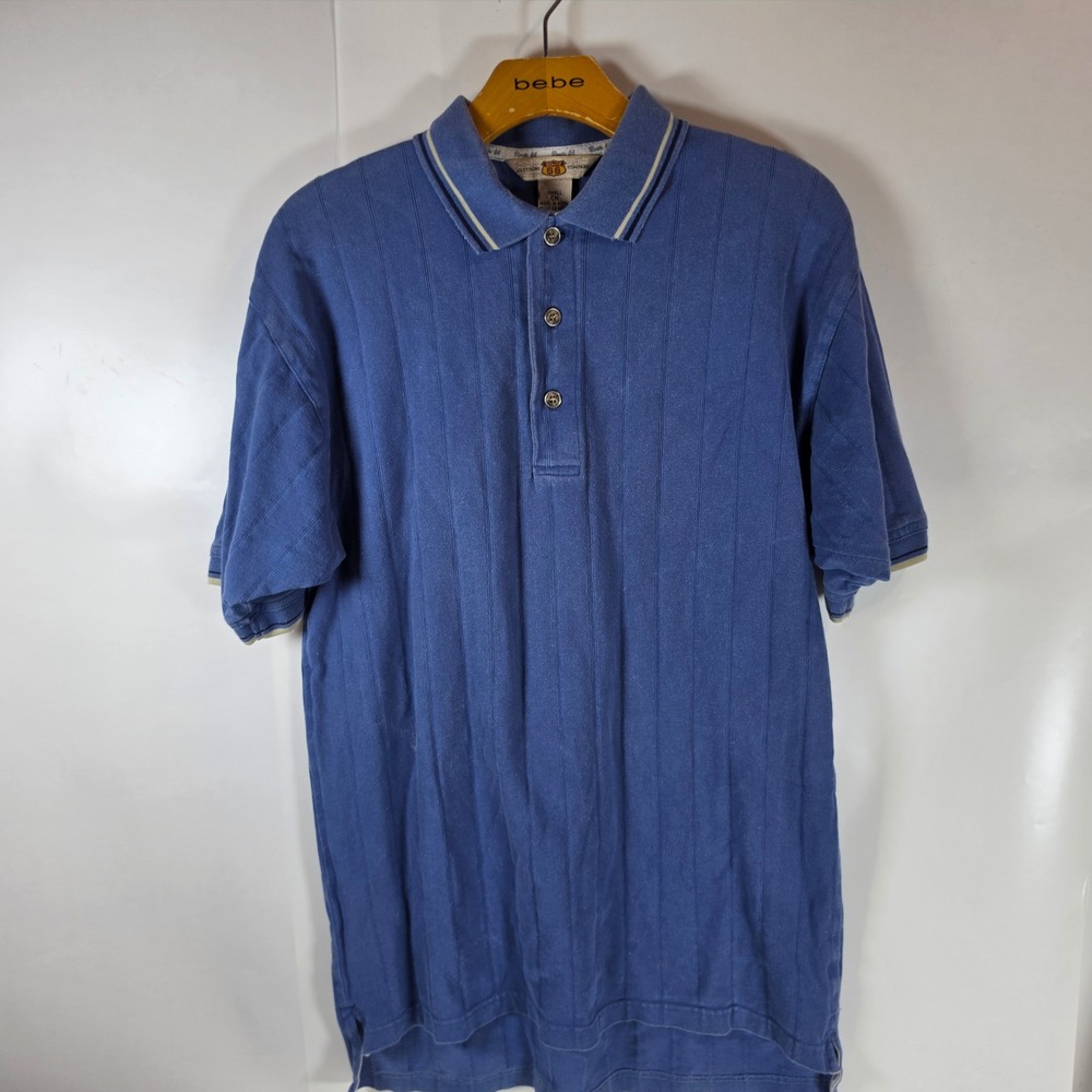 VTG 90s Route 66 Mens Small Polo Shirt Blue Vertical Stripe‎ Knit Y2K Grandpa